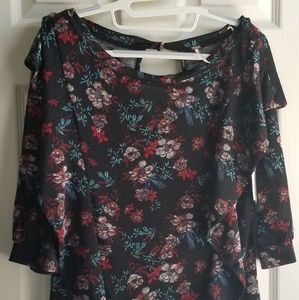 New Free People Top Blouse sz L Black Floral Boho